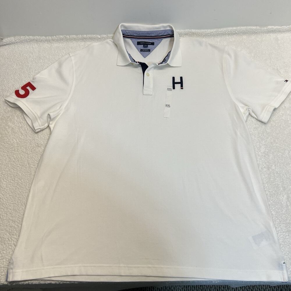Tommy Hilfiger Men’s Custom Fit Polo Shirt White H Chest Logo Red 85, Sz XXL